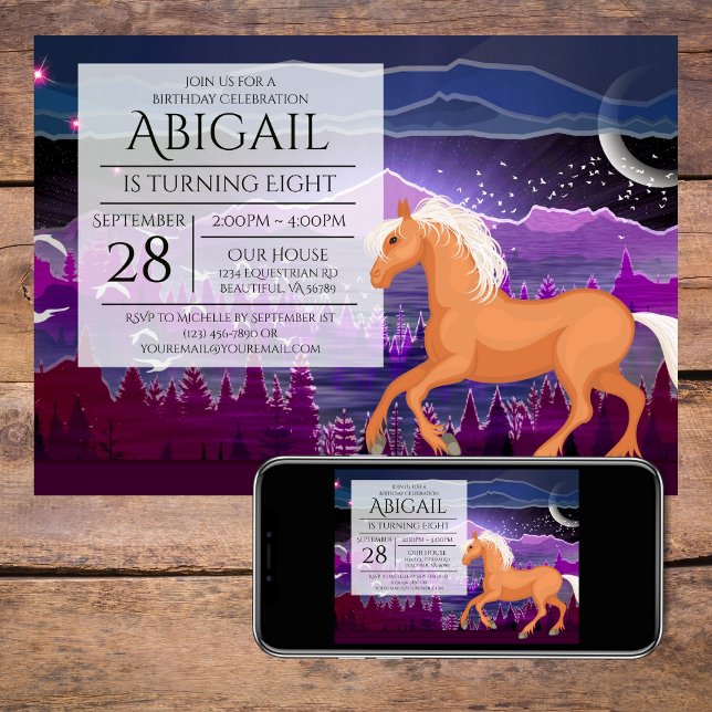 Convites Cavalo e Montanhas Roxo e Azul Aniversário (Horse and Mountains Purple and Blue Birthday Invitation)