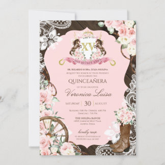 Convites Cavalo Elegante Crest Rustic Rosa Charro Quinceane
