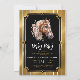 Convites Cavalo em Aquarela Preto e Dourado de Luxo Kentuck