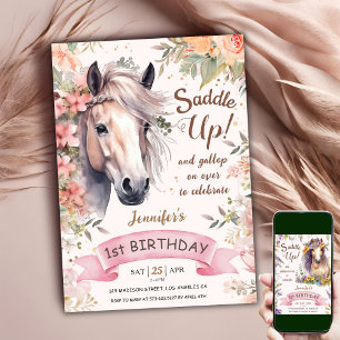 Convites Cavalo Feliz 1º Aniversário Menina Floral Selvagem
