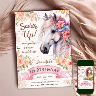 Convites Cavalo Feliz 1º Aniversário Menina Flores Rosa Sad