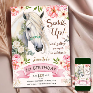Convites Cavalo Feliz 1º Aniversário Menina Rosa Floral Sad
