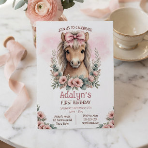 Convites Cavalo Floral Rosa Fofo Aniversário de 1 ano