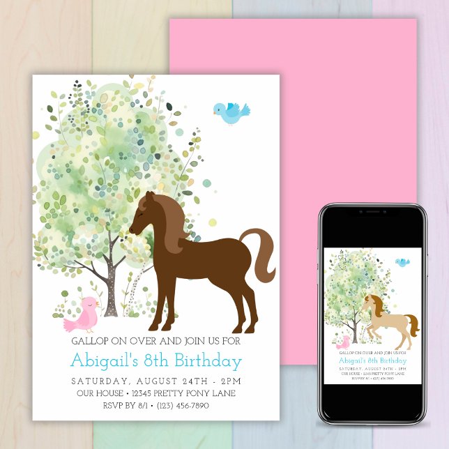 Convites Cavalo Justo, Árvores, Pôneas Andam Aniversário Eq (Cute Horse, Trees, Pony Rides Equestrian Birthday Invitation)
