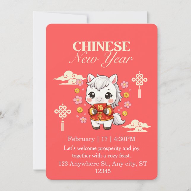 Convites Cavalo Kawaii Ano Novo Chinês  (Frente)