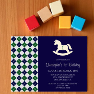 Convites Cavalo Mecedor Preppy Argyle 1º Aniversário