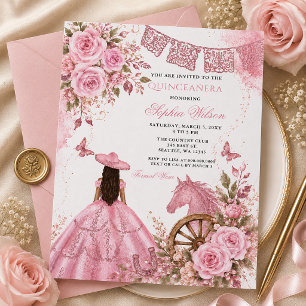 Convites Cavalo Ocidental Rosa Floral Charra Quinceañera