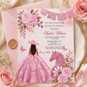 Convites Cavalo Ocidental Rosa Floral Charra Quinceañera