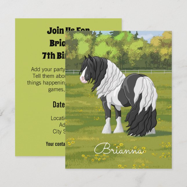 Convites Cavalo Preto Pinto Piebald Vanner (Frente/Verso)