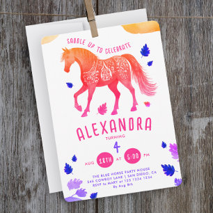 Convites Cavalo Rosa Roxo Derbi Pônei Aquarela Fofo