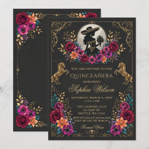 Convites Cavalo Western Ouro Preto Floral Charra Quinceañer