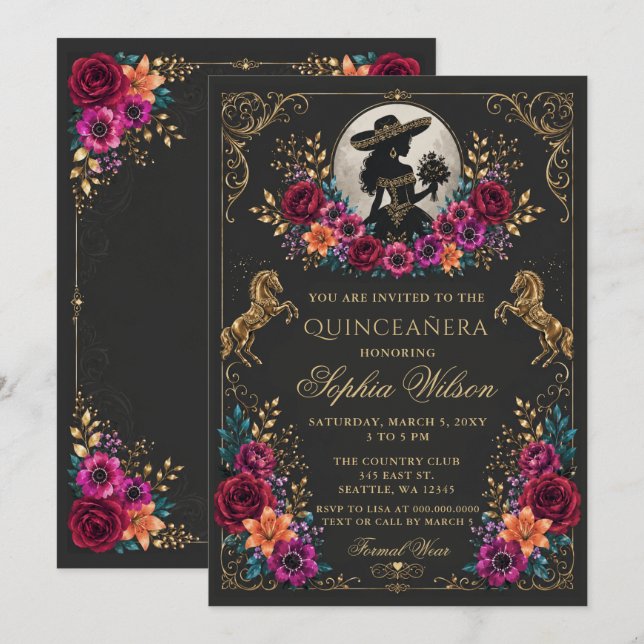 Convites Cavalo Western Ouro Preto Floral Charra Quinceañer (Frente/Verso)
