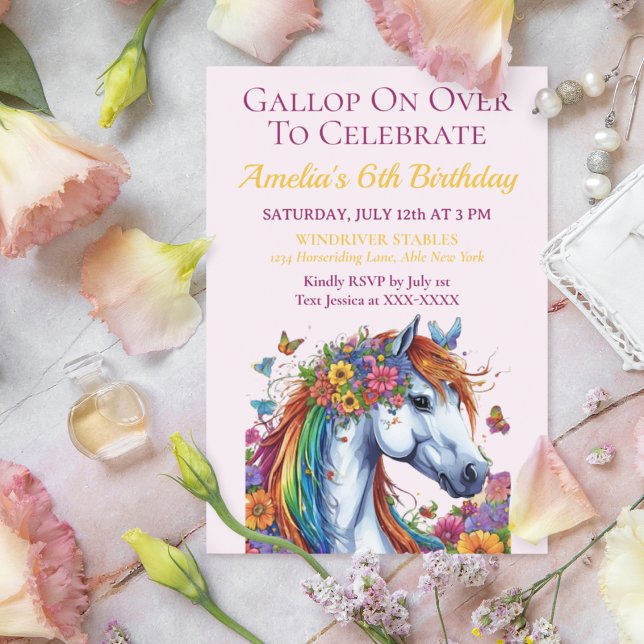 Convites Cavalo Whimsso Aniversário Equestre Floral (Whimsical Floral Horse Birthday Invitation)