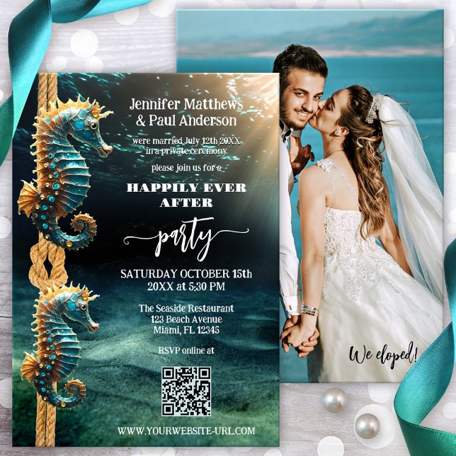 Convites Cavalos Felizes Depois Da Foto De Casamento (Happily ever after photo wedding invitation featuring seahorses in a magical ocean underwater world)