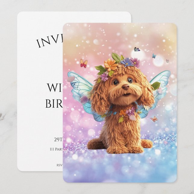 Convites Cavapoo Cavoodle Angel Fairy Birthday (Frente/Verso)