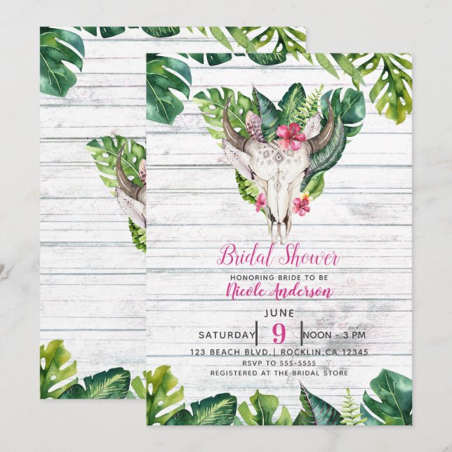Convites Caveira Boho Folhas Florais Tropicais Madeira de P (Frente/Verso)