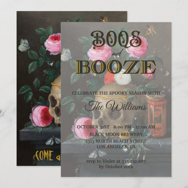 Convites Caveira Gótica e Rosas Adultos Halloween (Frente/Verso)