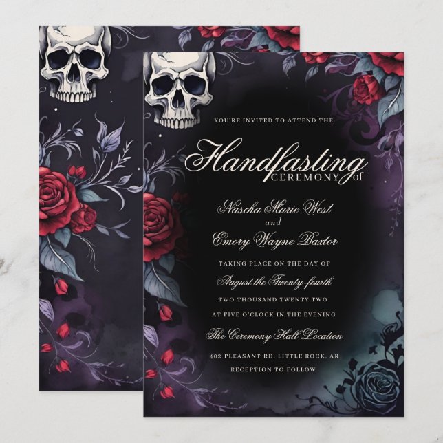 Convites Caveira Gótica & Rosas Roxas e Pretas Handfasting (Frente/Verso)