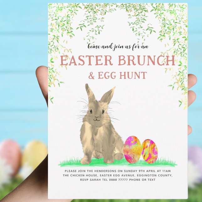 Convites Caza de Ovos da Páscoa Fofa e Brunch  (Easter brunch and egg hunt cute bunny and colorful eggs invitation)