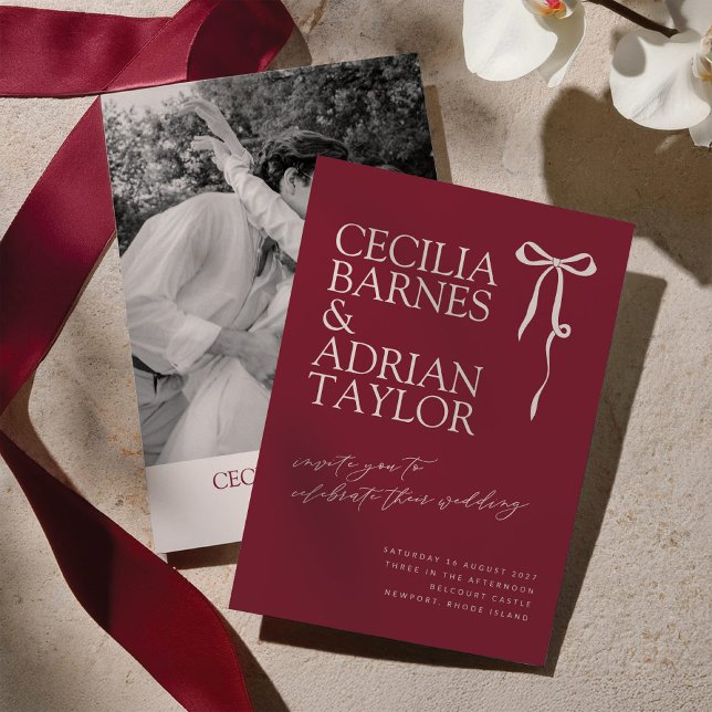 Convites CECILIA Burgundy Wedding Invitation with Bow (Criador carregado)