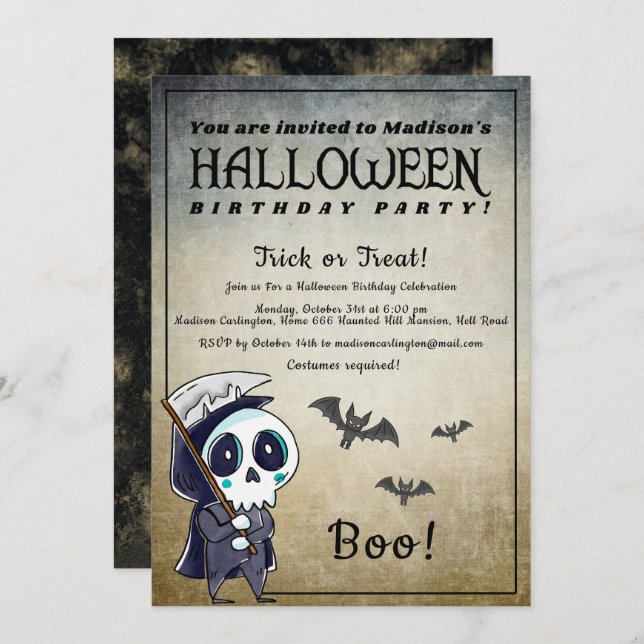 Convites Ceifador de Festa de aniversário Halloween (Frente/Verso)