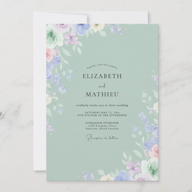 Convites Celadon Lilás Pálido Peônia Casamento (Frente)