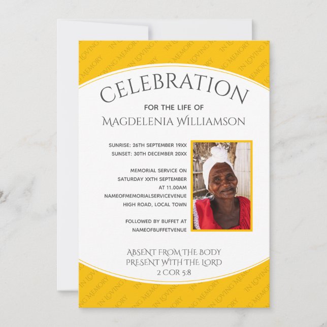 Convites CELEBRAÇÃO Amarela DO LIFE Foto do Funeral (Frente)