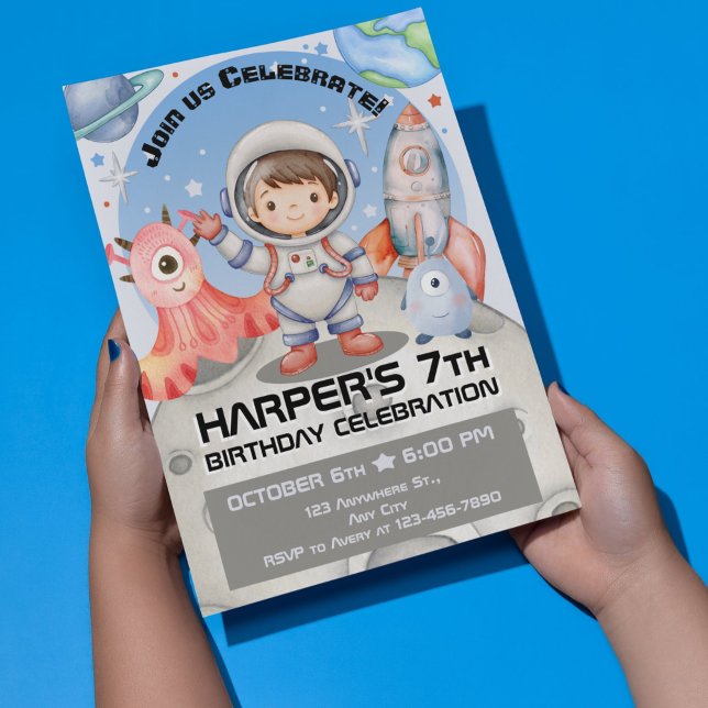 Convites Celebração Celestial: Astronauta Azul Claro (Stellar Space Adventures: Watercolor Kids Birthday Collection)