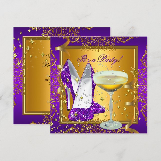 Convites Celebração Champanhe Roxo Dourado Real Festa (Frente/Verso)