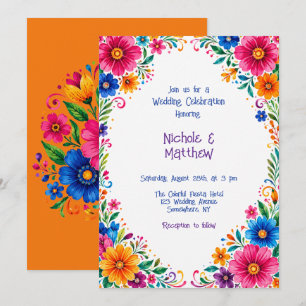 Convites Celebração Colorida de Casamento Floral Mexicano