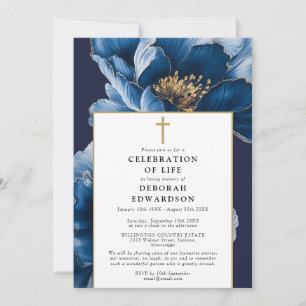 Convites Celebração Cristã da Vida em Azul Marinho Floral