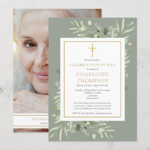 Convites Celebração Cristã da Vida em Foto de Folhagem Sage