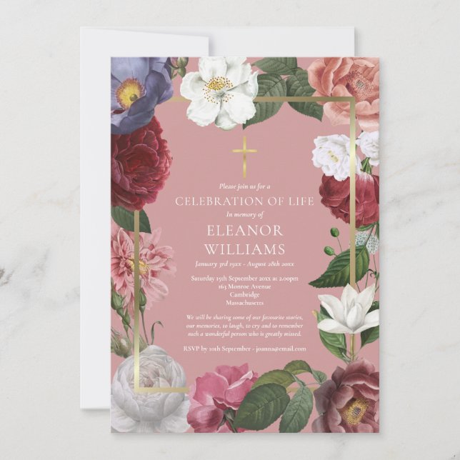 Convites Celebração Cristã da Vida Floral Rosa Empoeirada (Frente)