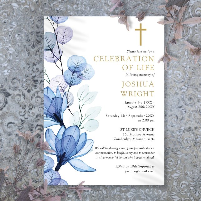 Convites Celebração Cristã de Vida Funeral Floral Azul (Blue Floral Christian Celebration Of Life Funeral Invitation)