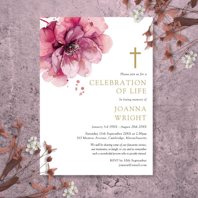 Convites Celebração Cristã de Vida Funeral Floral Rosa (Pink Floral Christian Celebration Of Life Funeral Invitation)