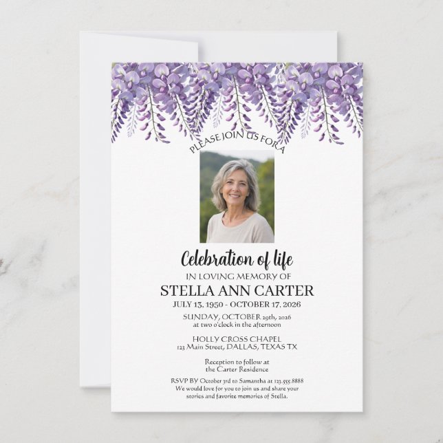 Convites Celebração da Foto de Vida Wisteria Floral Funeral (Frente)