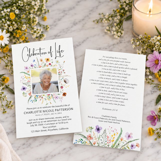 Convites Celebração da Foto do Funeral da Vida  (Celebration of Life funeral invitations, photo and wildflower on front, bible verse or poem on back )