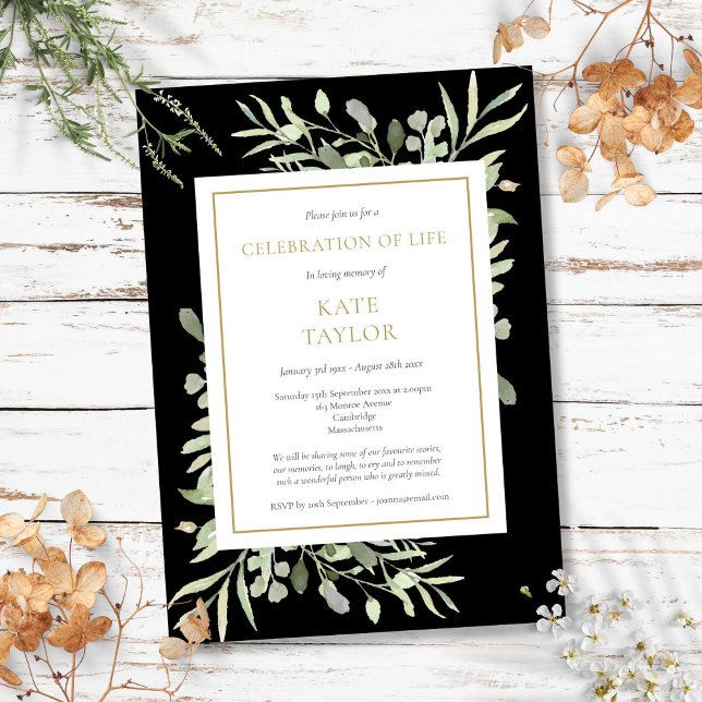 Convites Celebração da Funeral Verde Dourado Preto Vida (Celebration of Life Funeral Greenery Gold Black Invitation)