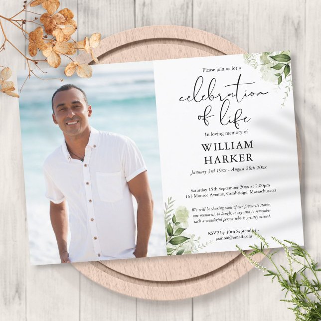 Convites Celebração da Life Greenery Foto Funeral (Celebration of Life Greenery Funeral Photo Invitation)