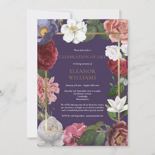 Convites Celebração da Life Purple Dourado Rosa Floral (Frente)