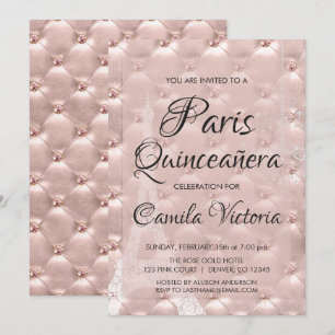 Convites Celebração da Quinceañera Dourada Paris Rosa Ro
