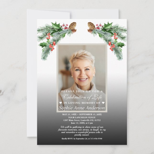 Convites Celebração da Vida Buquê de Inverno Foto Memorial  (Frente)