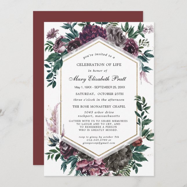 Convites Celebração da Vida Burgundy Vermelha Funeral (Frente/Verso)