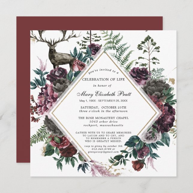 Convites Celebração da Vida Burgundy Vermelha Funeral (Frente/Verso)