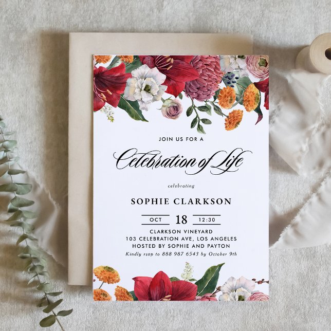 Convites Celebração da Vida com Amarílis Botânica e Crisânt (Elegant Floral Celebration Invitation with Amaryllis, Peonies, Ranunculus and Chrysanthemums )