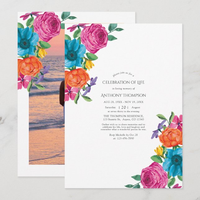 Convites Celebração da Vida com Fiesta Floral em Aquarela (Frente/Verso)