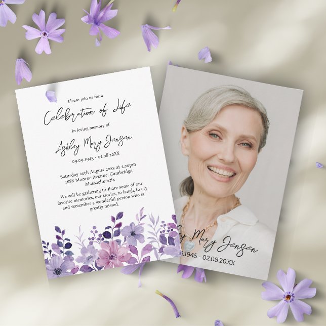 Convites Celebração da Vida com Flor Roxa Foto Funeral (Criador carregado)