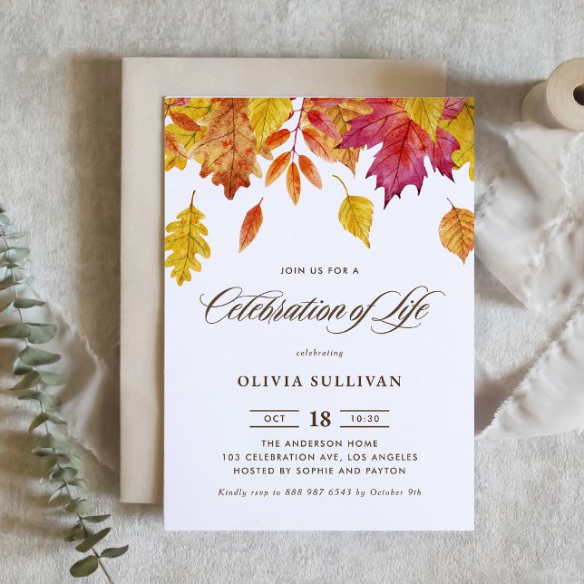 Convites Celebração da Vida com Folhas de Outono em Aquarel ( Autumn Watercolor Leaves Celebration of Life Invitation with Matching Back Pattern)