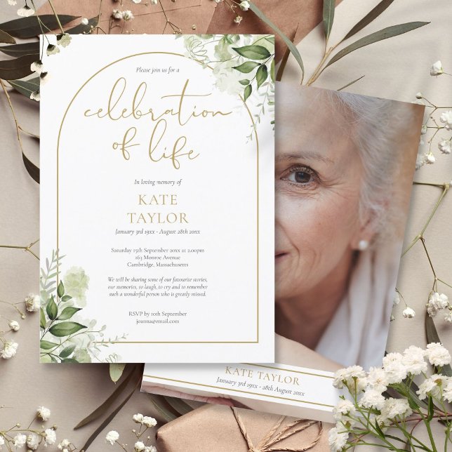 Convites Celebração da Vida com Foto de Folhagem em Arco Do (Gold Arch Foliage Photo Celebration of Life Invitation)