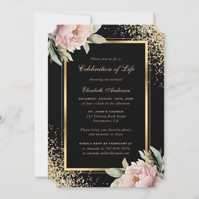 Convites Celebração da Vida com Foto Dourada Preta de Penín (Frente)